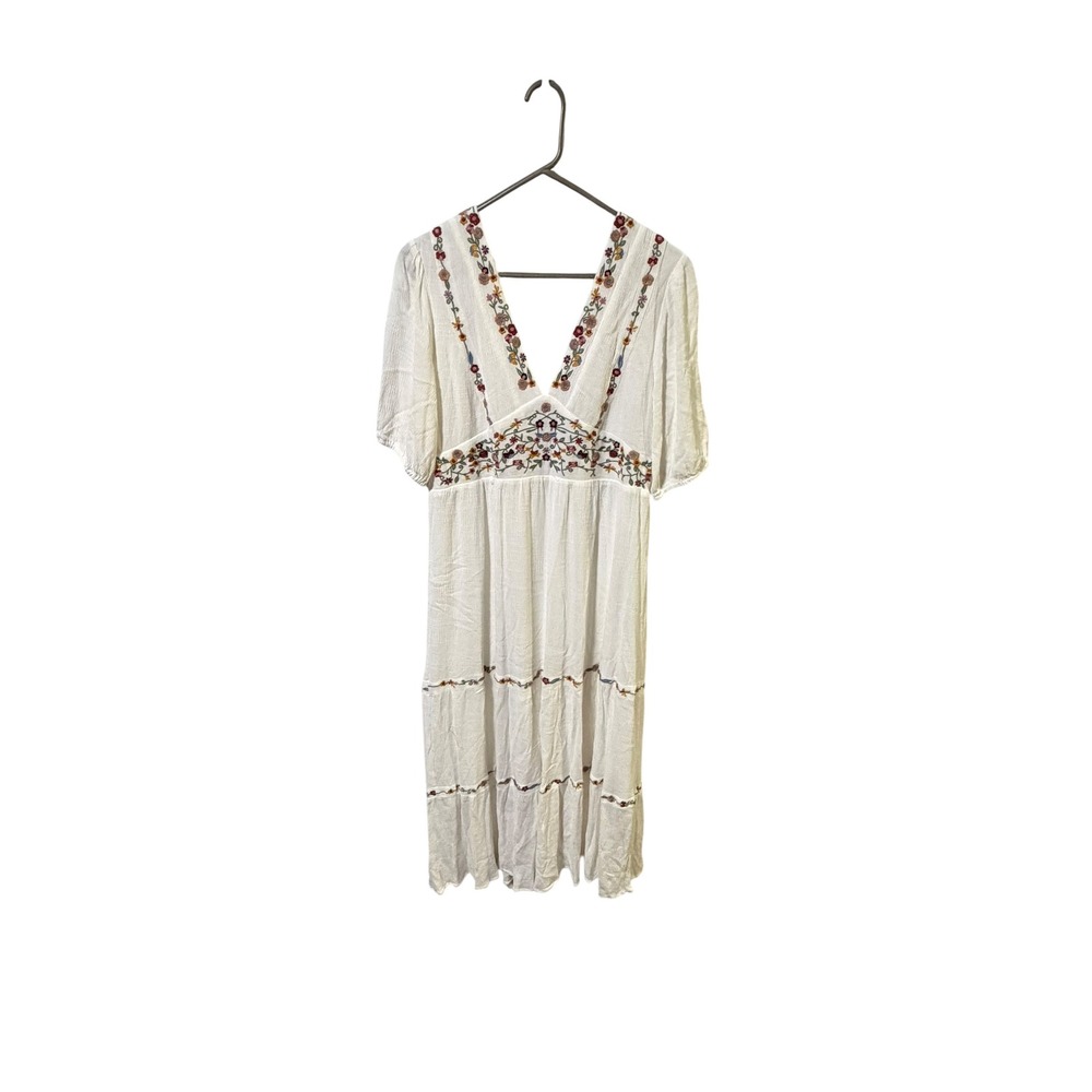 Baltic Born Size Large White Floral Embroidered Midi Dress Boho V-Neck